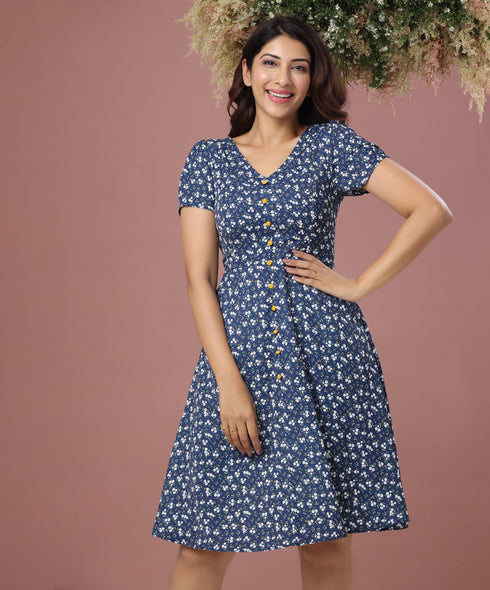Vneck Front Buttoned Ditsy Floral Dress